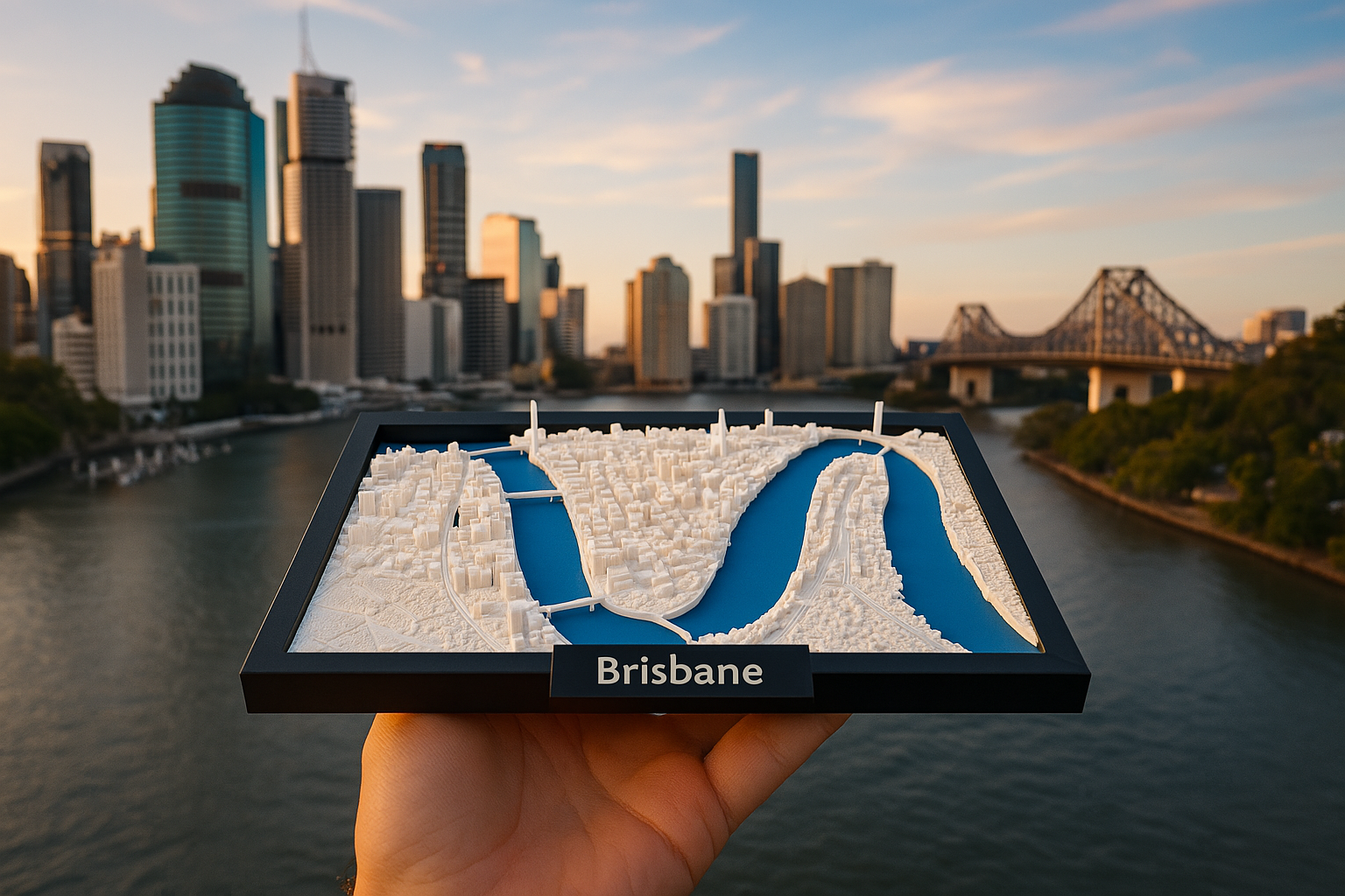 3D Geprinte Miniatuur van Brisbane – Gedetailleerde Stadskaart en Rivierlandschap - Premium Quality