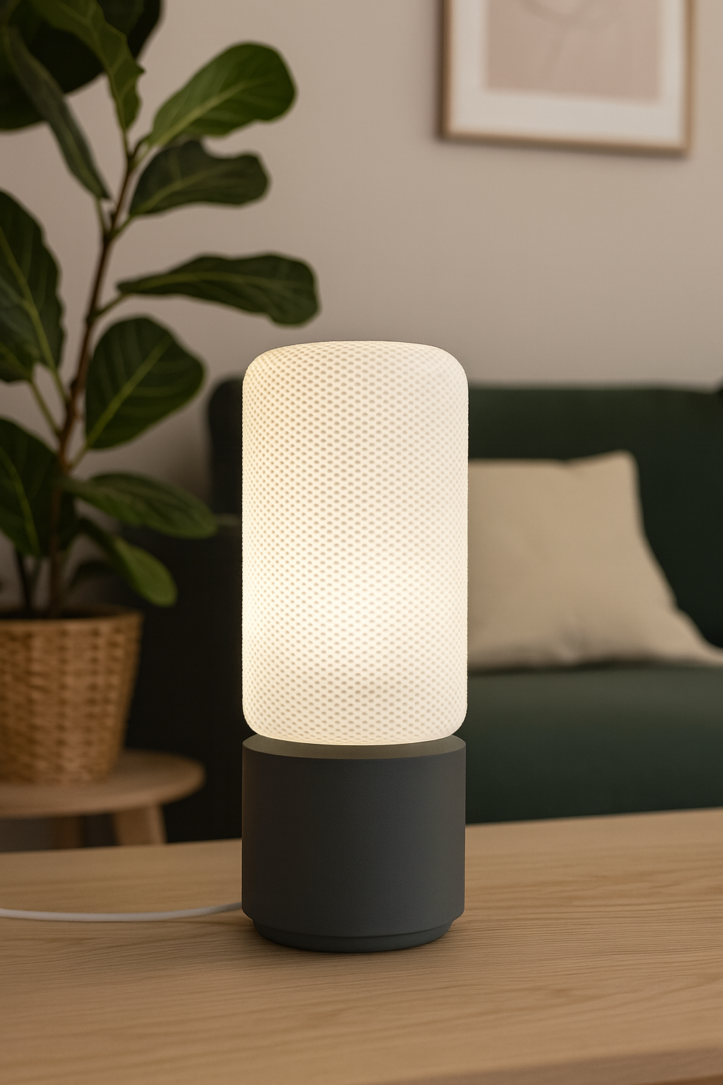 Modern Table Lamp 'Dots' with Cylindrical White Shade and Gray Base – Stylish Mood Lighting