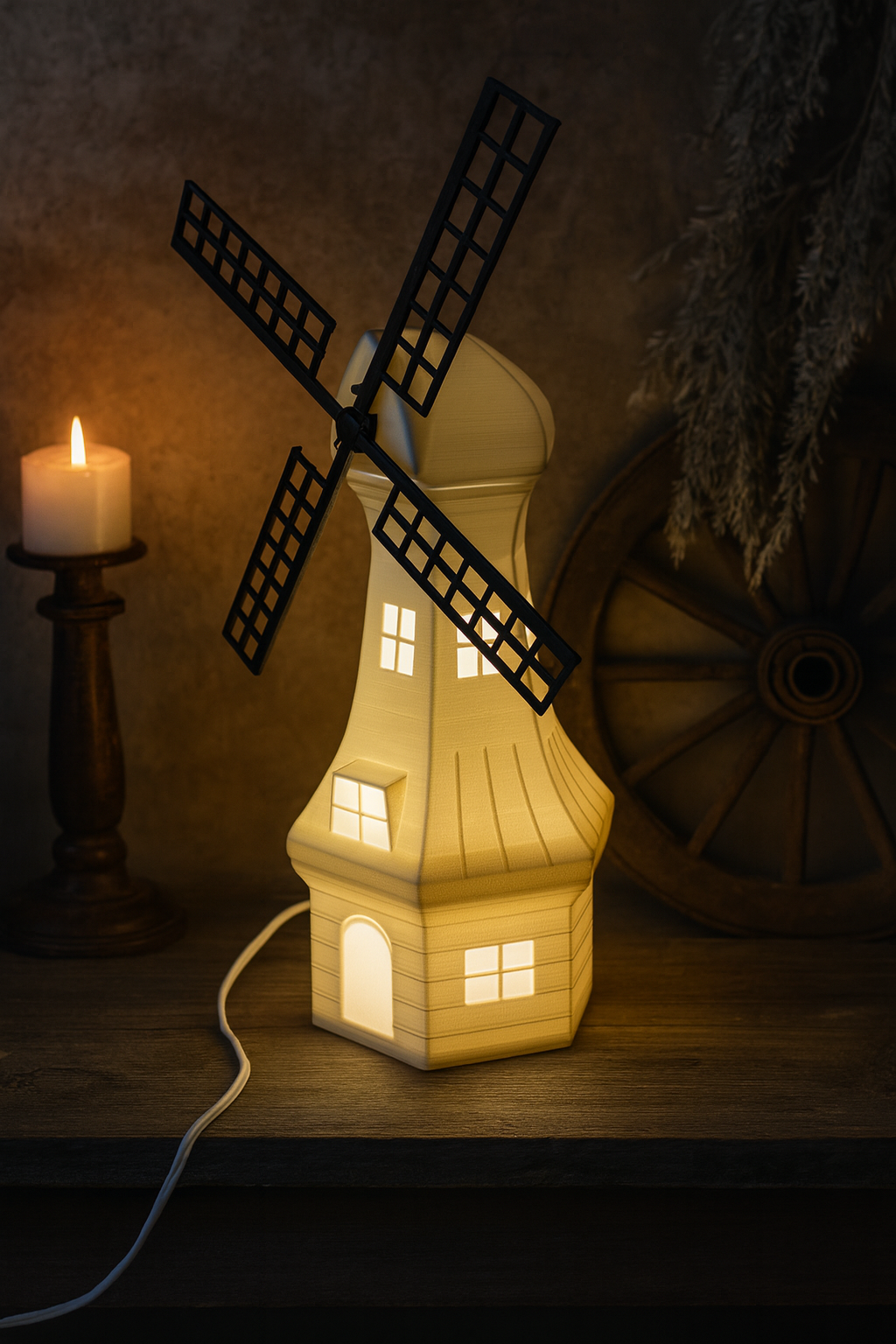 Decoratieve Tafellamp 'Mill' in de Vorm van een Windmolen – Unieke Sfeerlamp met Warm Licht
