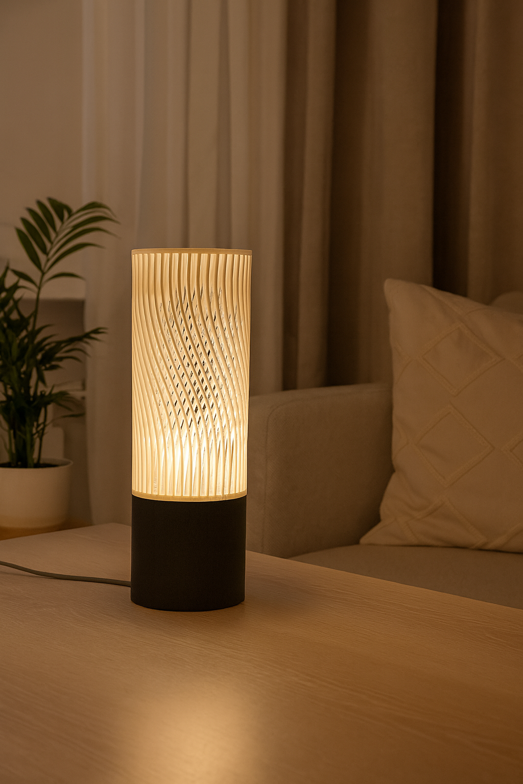 Modern Table Lamp 'Spiral' with Openwork Cylinder Design and Gray Base – Stylish Mood Lighting